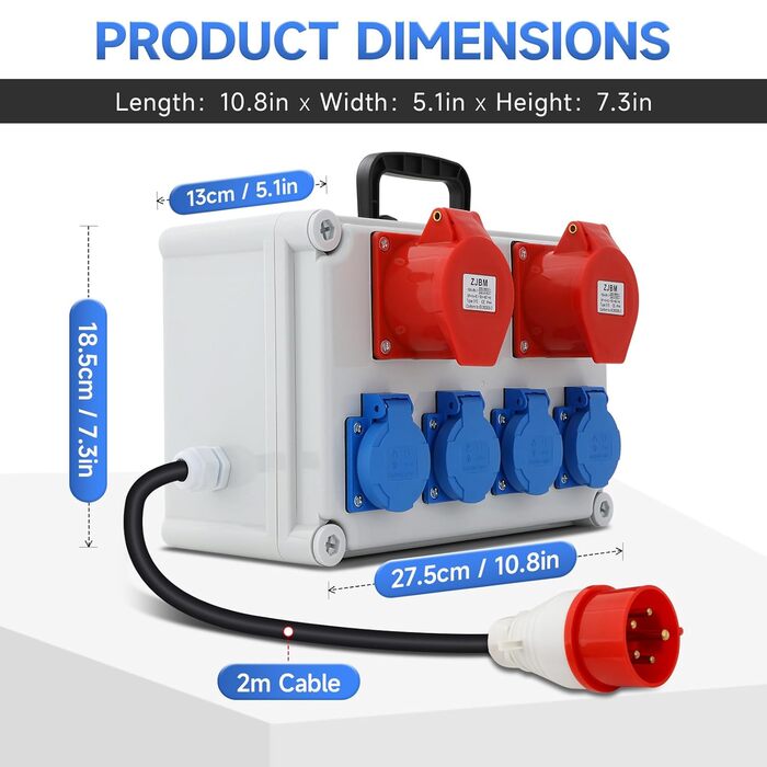 Розподільна коробка для будівельного майданчика, комплект розподільчої коробки 16A, BKV 2/4, водонепроникний розподільник живлення IP44/IP54 з розеткою та ручкою для перенесення, кабель 2 м, для використання всередині та зовні приміщень, 6 портів (з двома