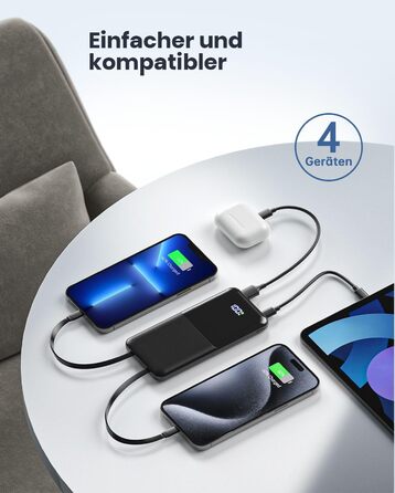 З кабелем USB C Powerbank Швидка зарядка 22,5 Вт PD3.0 QC4.0 Зовнішній акумулятор мобільного телефону з 4 виходами, портативний зарядний пристрій Світлодіодний дисплей Сумісний з iPhone, Huawei, Samsung тощо Чорний, 10000mAh