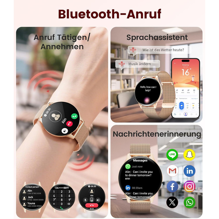 Жіночий смарт-годинник LIGE (2 ремінці), 1,43-дюймовий HD AMOLED-дисплей, смарт-годинник з функцією телефону, фітнес-годинник, спортивний годинник з понад 120 спортивними режимами, відстеження сну, відстеження менструального циклу, годинник для iOS/Androi