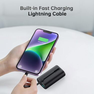 Для iPhone 10800mAh з вбудованим кабелем, швидка зарядка PD 3.0A, LCD дисплей, зовнішній акумулятор, сумісний з iPhone 14 Pro Max/14/13/13 Pro/12/11/XS/XR/X/8 Plus/SE та ін. A-чорний