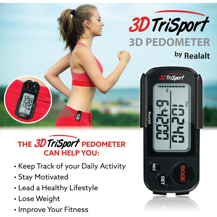 Крокомір Realalt 3DTriSport 3D із затискачем та ремінцем, в комплекті електронна книга 30-денна пам&39ять, точний крокомір, відстань ходьби в милях/км, лічильник калорій, щоденне відстеження часу тренувань (чорний)
