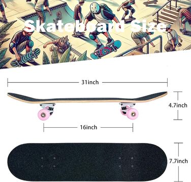 Скейтборд CLCYTIP 31 x 8 дюймів - повний круїзерний скейтборд для початківців, 8-шарова кленова дека, ABEC-11 кулькові підшипники, увігнута дека з подвійним кіком, для підлітків та дорослих, рожевий JG дизайн