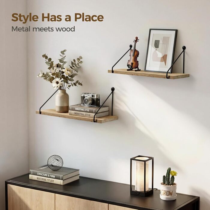 Настінна полиця Afuly, дерево, чорний метал, сільські полиці для стін, натуральний колір, ванна кімната, дитяча кімната, кухня, вітальня, комплект з 2 шт. , коричневий, 1,5 м завглибшки x 4,8 м завширшки