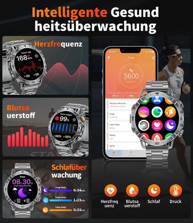 Розумний годинник SUNKTA для чоловіків, великий акумулятор 1000 мАг, 1,7-дюймовий HD-дисплей, Bluetooth-дзвінки, сумісний з iOS та Android, зі світлодіодним ліхтариком, пульсометром/монітором сну/крокоміром, сірий, включає 3 браслети та 2 зарядні пристрої