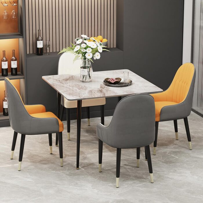 Обідній стіл FATIVO, маленький кухонний стіл, мармур, для 2 осіб, простий обідній стіл, обідній стіл для вітальні, сірий глянцевий, столи для їдальні, ресторану, металеві ніжки, 8080 см, скандинавський стиль, 8080 см сірий