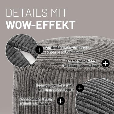 Пуф-мішок Lumaland Corduroy Компактний ігровий пуф об&39ємом 50 літрів з функцією 3-в-1 зручний стілець, практичний бічний столик та стильна підставка для ніг для приміщень Ø 25 x 45 см Сірий 25 x 45 см Сірий