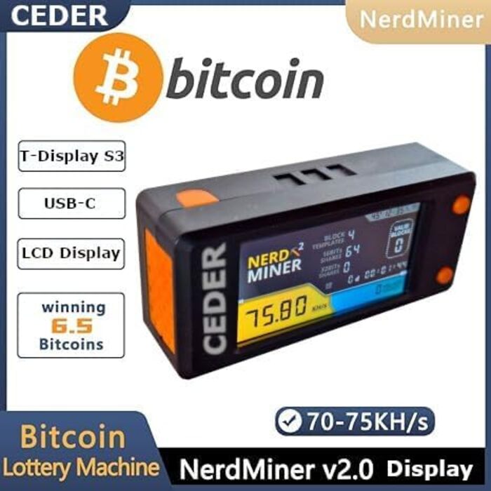 Низьке енергоспоживання Легкий BTC Nerd Miner Повністю зібраний Wi-Fi & USB-C Power Lucky (Lottery Miner Win 3,125 BTC) (T-Display), 2 Pro Mining Bitcoin BTC 79KH/S Solo Miner