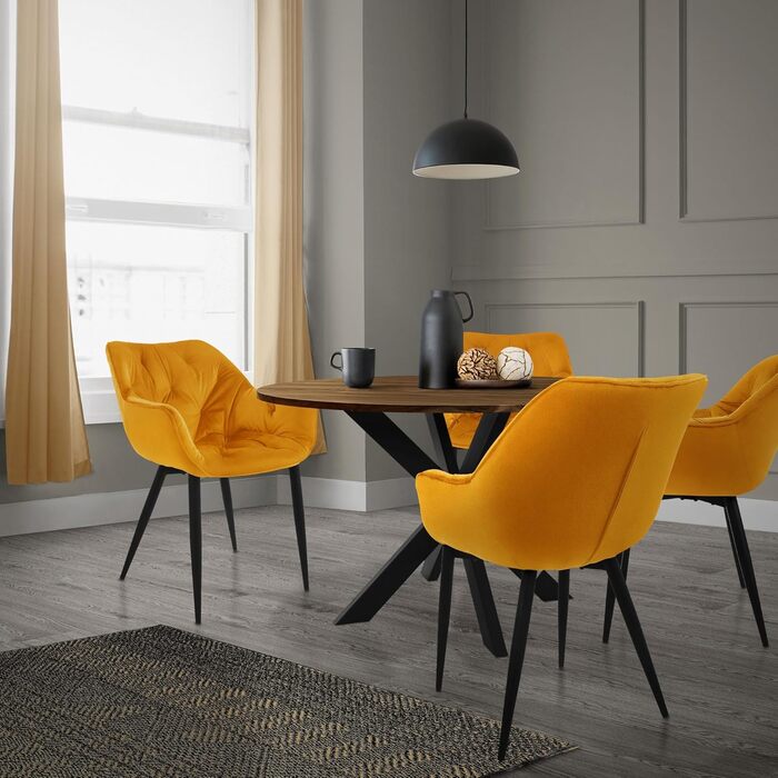Обідні стільці ML-Design, комплект з 4 шт. , гірчично-жовтий, кухонний стілець із товстим оксамитовим м&39яким сидінням, металеві ніжки, стілець для вітальні зі спинкою та підлокітниками, стьобаний м&39який стілець, ергономічне крісло