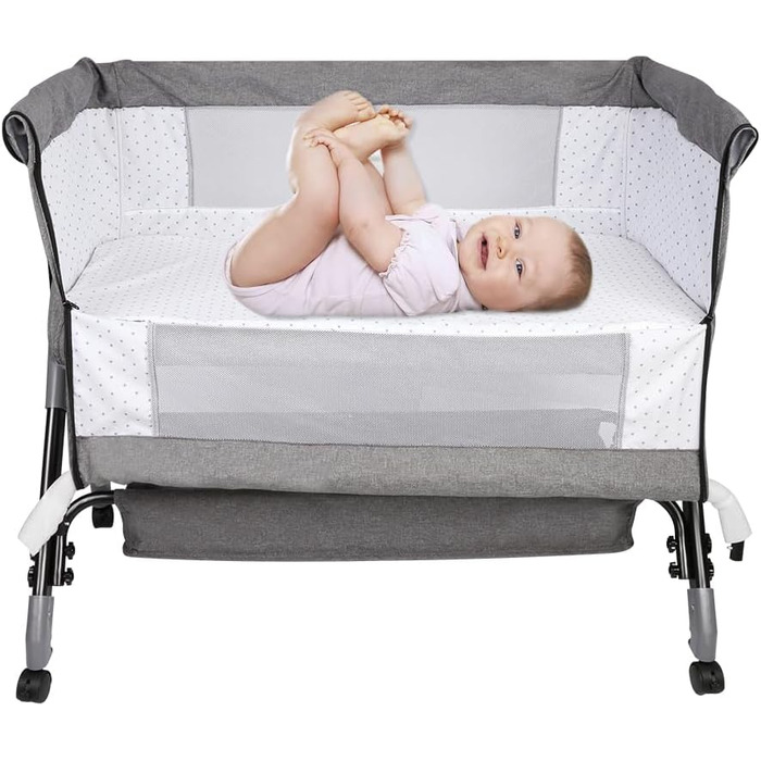 Дитяче ліжко Supfine Cododo 3-в-1 з матрацом та москітною сіткою, регульована висота, мобільна дитяча колиска для новонароджених/немовлят, ліжко Cododo з кошиком для зберігання (сірий лляний колір, 104 * 52 * 100-110 см) 104*52*100-110 см лляний сірий кол