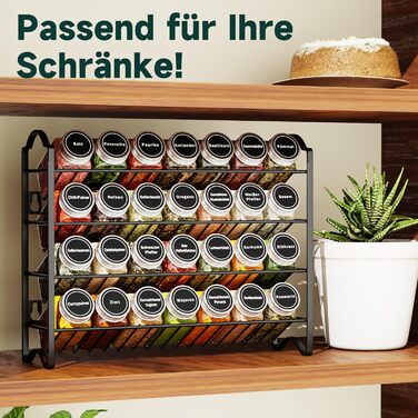 Набір полиць для спецій з 28 баночками для спецій та 120 етикетками - Органайзер для спецій для кухні та шафи - Настінна або окремостояча полиця для спецій - Повна система зберігання спецій (чорний колір)