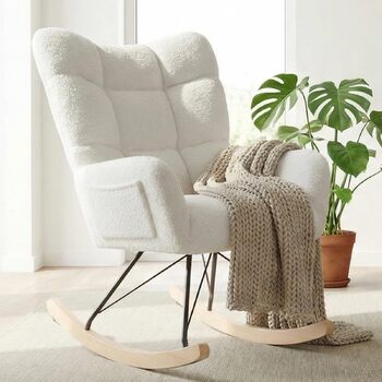 Крісло-гойдалка Clevich для вітальні, крісло-гойдалка з оббивкою з плюшевого тканини, дерев&39яними полозками та металевими ніжками, для вітальні, дитячої кімнати, спальні, вантажопідйомність до 136 кг, білий колір