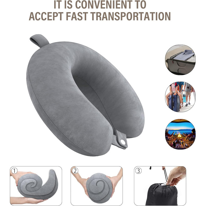 Подушка з піни памяті Neck Pillow Lightweight Quick Pack for Airplane Train Car Travel Camping Neck Support Pillow (темно-сіра)