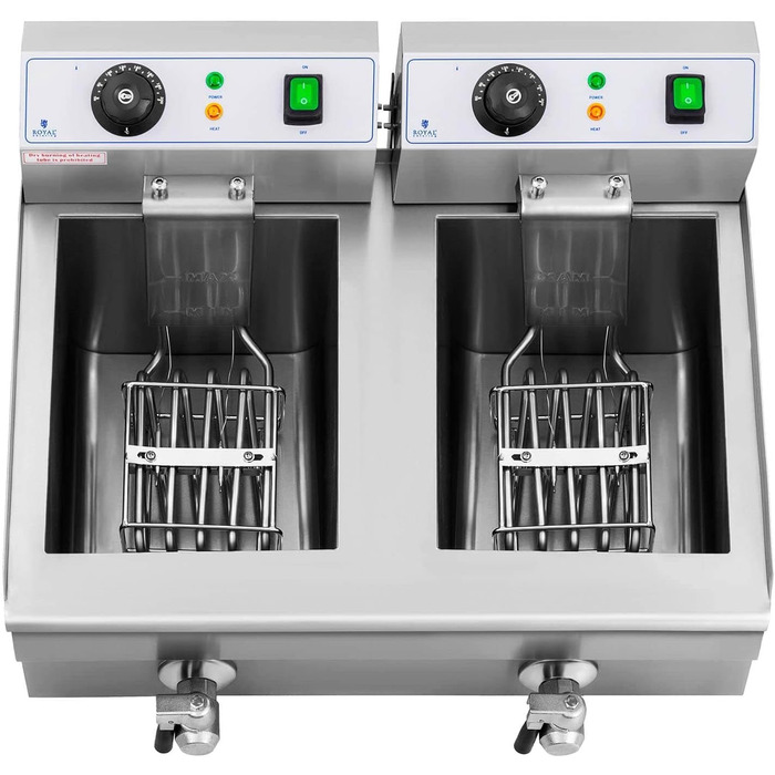 Подвійна фритюрниця з нержавіючої сталі Royal Catering RCEF 10DB (2 x 3,000 Вт, ємність 2 x 10 л, діапазон температур 50-200 C, холодна зона, зі зливними кранами)
