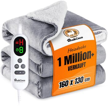 Електрична ковдра Mia&Coco з автоматичним вимкненням, 160x130 см, 10 налаштувань нагріву, 9-годинний таймер автоматичного вимкнення, захист від перегріву, можна прати в пральній машині, фланелева електрична ковдра для ліжка, дивана та вітальні, сіра, 130x