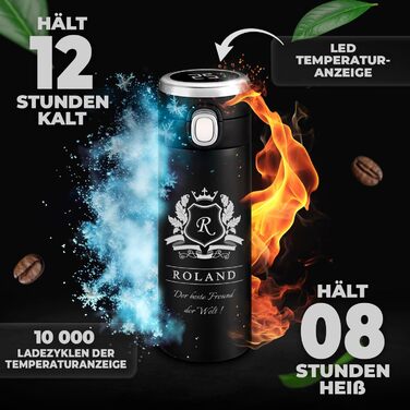 Пляшка для води Maverton з гравіюванням 400 мл - Герметична 100 водонепроникна термокружка - Сенсорний світлодіодний дисплей - Термос з нержавіючої сталі - Для чоловіків - Подарунки на день народження - Різдвяні подарунки - Чорна - Літера