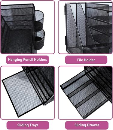 Металевий настільний органайзер, 5-ярусний лоток для паперу та листів з тримачами для файлів, сітчастий настільний органайзер для файлів з тримачем для журналів для зберігання офісних документів (чорний)