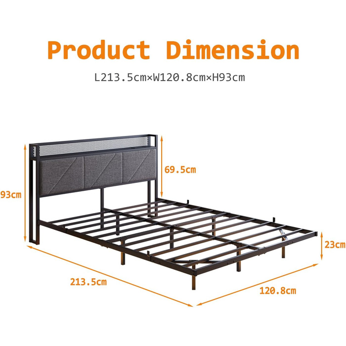 Ліжко-платформа 120 x 200 см з LED-підсвічуванням та USB-зарядною станцією, металевий каркас ліжка-платформи з м&39яким узголів&39ям для зберігання речей, міцні металеві ламелі, безшумне/темно-сірий колір