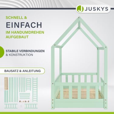Дитяче ліжко Juskys Marli 80 x 160 см із захистом від випадіння, рейковим каркасом і дахом - дитяче ліжко для дому з масиву дерева