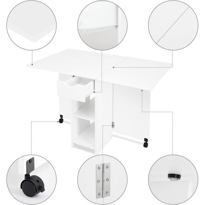 Розкладний обідній стіл Mondeer, кухонний стіл з шухлядою та полицями для 2-4 осіб, розкладний обідній стіл на колесах для невеликих приміщень, їдальня, кухня, 72 x 120 x 75 см, білий