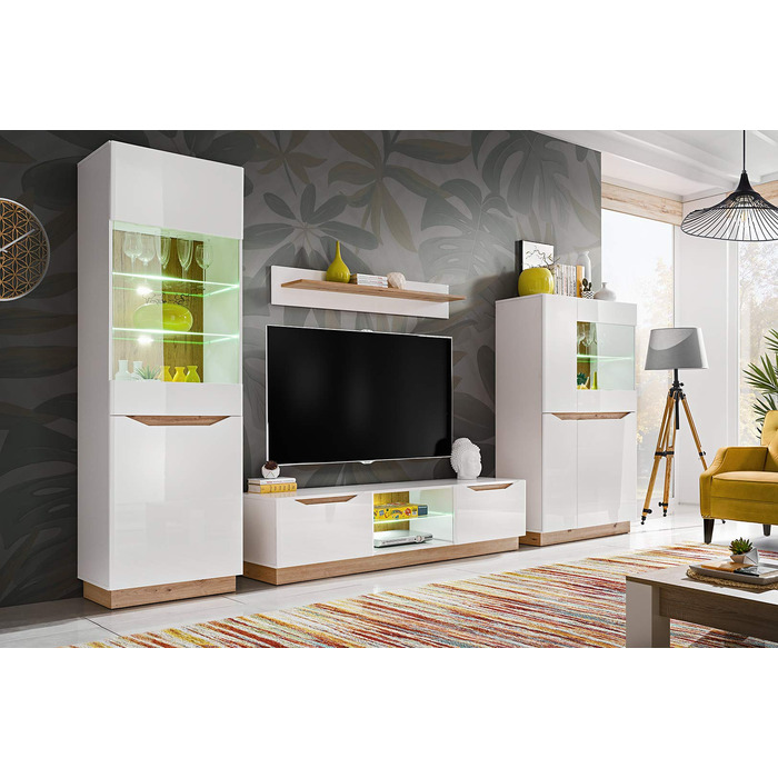 Настінна шафа для вітальні Generic Fame, настінна полиця для вітальні, стіна для телевізора, матова глянцева вітрина, низька тумба, настінна полиця зі світлодіодним підсвічуванням (білий/дуб Artisan) Білий / дуб Artisan