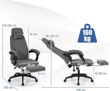 Ергономічне офісне крісло COSTWAY з висувною підставкою для ніг, робоче крісло з регульованою спинкою, підголівником та поперековою опорою, комп&39ютерне крісло з функцією гойдання, обертове крісло для дому та офісу, сірий колір
