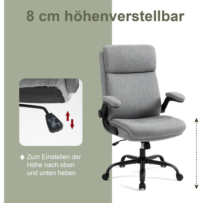 Ергономічне офісне крісло CASTLOVE - Робоче крісло зі спинкою - Відкидні підлокітники - Висока спинка - Регульована висота - Функція гойдання (Тканина офісного крісла сірого кольору, макс. 150 кг)