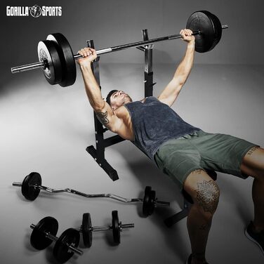 Силова лава GORILLA SPORTS - вкл. комплект штанг 38/70/100 кг, стійка, станція для віджимань, регульована висота, складна, до 200 кг, чорно-біла - тренувальна лава з комплектом штанг, лава для жиму, похила лава, плоска лава e) Чорний 100 кг