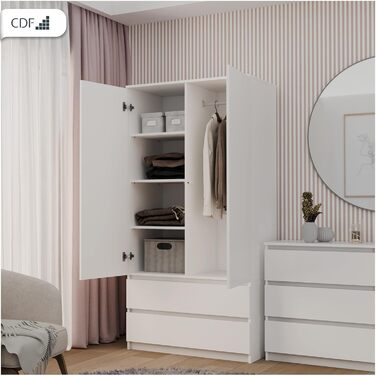 Шафа CDF Біла, ширина 90 см, дитяча кімната, спальня, 2 шухляди, 2-дверна шафа, сучасний вигляд, все для складання в комплекті, одяг, іграшки, біла, без дзеркала