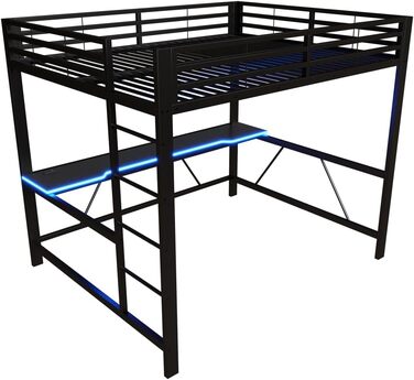 Каркас ігрового ліжка-горища з письмовим столом та світлодіодним підсвічуванням, USB-станція для зарядки, металевий каркас 160x200 см, чорний