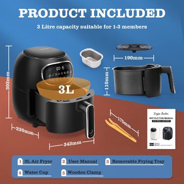 Фритюрниця без олії, 3 л, фритюрниці з 8 програмами, цифровий світлодіодний сенсорний екран, антипригарне покриття, регулювання часу та температури, без бісфенолу А, 1300 Вт