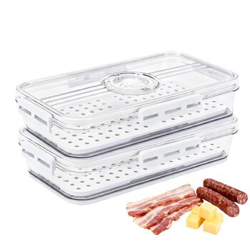 Ящик для зберігання сиру та ковбаси для холодильника, комплект з 2 шт. прозорий герметичний ящик для делікатесів з таймером та вставкою для зливу, ідеально підходить для зберігання сиру та ковбаси.
