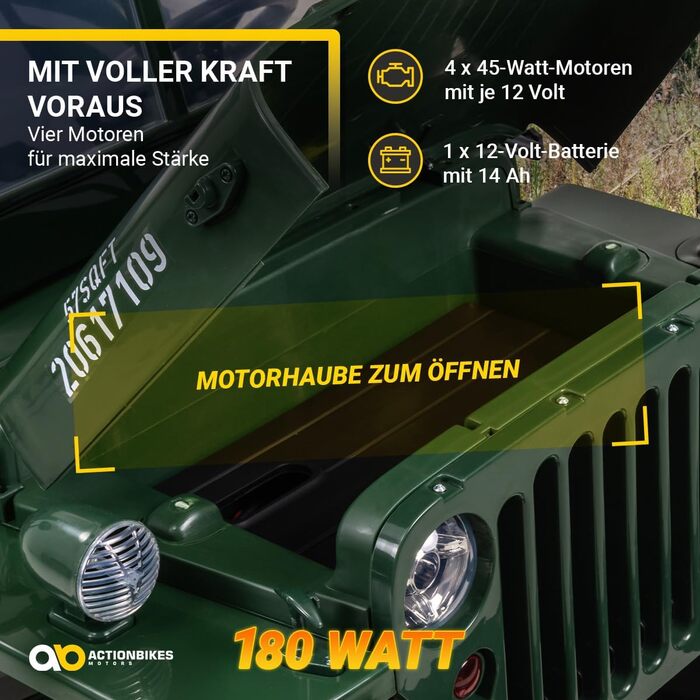 Дитячий електромобіль Jeep UTV Willys 2.4 Ghz Пульт дистанційного керування - 12 Вольт 14 Ач Акумулятор - 4 x 12 Вольт 45 Вт Двигу