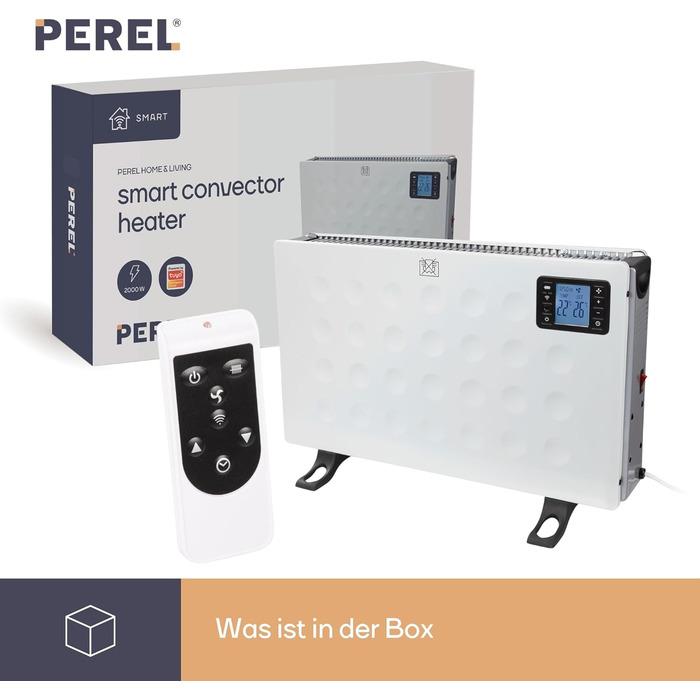 Розумний конвекторний обігрівач Perel потужністю 2000 Вт з 3 режимами нагріву, термостатом, IP20, захистом від перегріву, портативний з пультом дистанційного керування та застосунок Tuya, для приміщень об&39ємом до 60 м