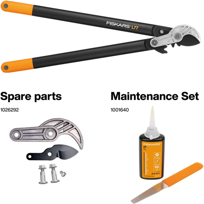 Садові секатори Fiskars PowerGear з механізмом передачі для сухого гілля та пагонів, з нарізним та тупим лезом, антипригарним покриттям, виготовлені з міцної інструментальної сталі, довжина 69 см, чорно-помаранчеві, L77, 1000583 L77 (діаметр гілок до 5 см