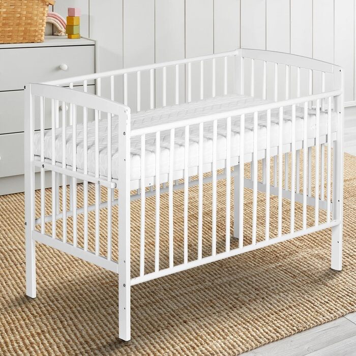 Дитяче ліжечко Micky Plus - Біле - 60120 см - Плавне регулювання висоти 3-в-1 - вкл. боковини та систему ременів безпеки - Ідеально підходить для ліжок Box Spring 124Д x 65Ш x 97В см Box Spring - Біле лаковане одномісне ліжко