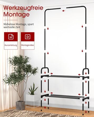 Вішалка для одягу - штанга для одягу з нековзними ніжками, шафа-стійка з 2-рівневим органайзером для взуття, вішалка для одягу для спальні, передпокою, 74 x 30 x 150 см, чорна 74 x 30 x 150 см чорна