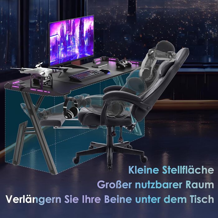 Ігровий стіл 160 x 60 см, ігровий стіл, комп&39ютерний стіл у формі літери А з RGB-світлодіодним підсвічуванням, карбонова поверхня, ергономічний кутовий стіл з підставкою для чашок та гачком для навушників, 160 x 60 см
