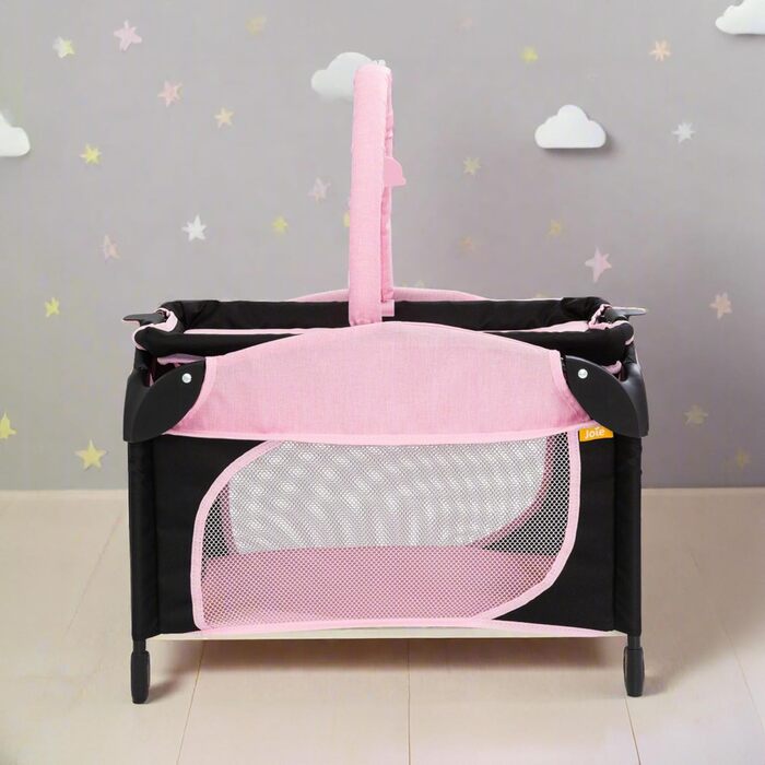 Іграшка для дитячого садка Joie Junior Sleep & Dream у рожевому та чорному кольорах Знімний пеленальний столик та ігрова панель Легке дитяче ліжко для подорожей для ляльок від 3 років