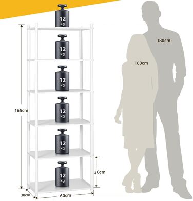 Полиця, Біла вузька книжкова шафа, Висока окремостояча полиця з 6 полицями, Дерев&39яна відкрита тонка кутова полиця для спальні та вітальні, 165 x 60 x 30 см Біла 6 полиць, 60 см (Ш)