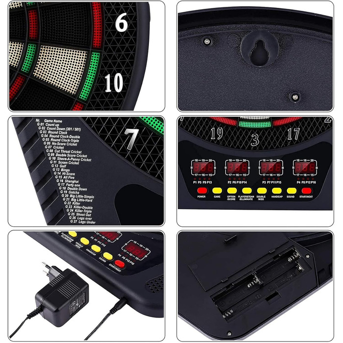 Електронний набір дартсу з голосовими підказками, 4 світлодіодні дисплеї, 6 дротиків, 27 ігор, 243 ігрові опції, професійний електронний дартс для дому, вечірок, саду, бару, 1-16 гравців, чорний
