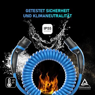 Тип 2 зарядний кабель 22кВт синя спіраль 6М зарядний кабель тип 2 спіральний кабель 32А 3 фази зарядний кабель електромобіля тип 2