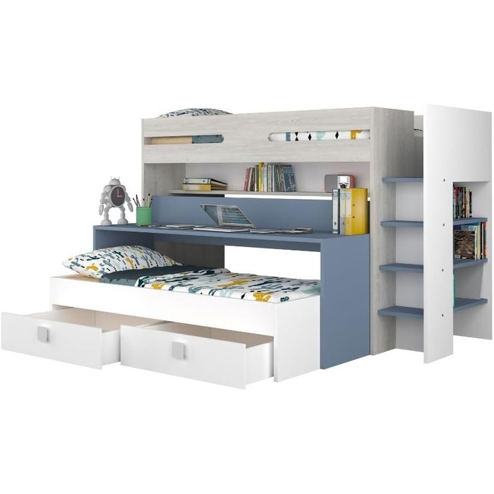 Дитяче двоярусне ліжко з письмовим столом і висувним спальним місцем Колір білий і блакитний