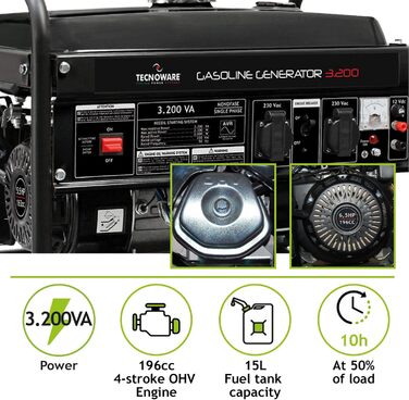 Бензиновий генератор Tecnoware Power Systems 3200ВА однофазний, з AVR, низький рівень шуму, бак 15 л, електричний/ручний запуск, чорний