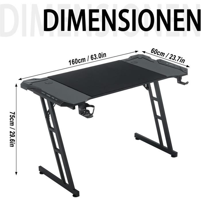Ігровий стіл 160 x 60 см зі світлодіодним підсвічуванням Міцний ігровий стіл з підсклянником, організатором кабелів та карбоновою поверхнею, великий комп&39ютерний стіл для ПК та офісу, чорний 160 x 60 см зі світлодіодним підсвічуванням