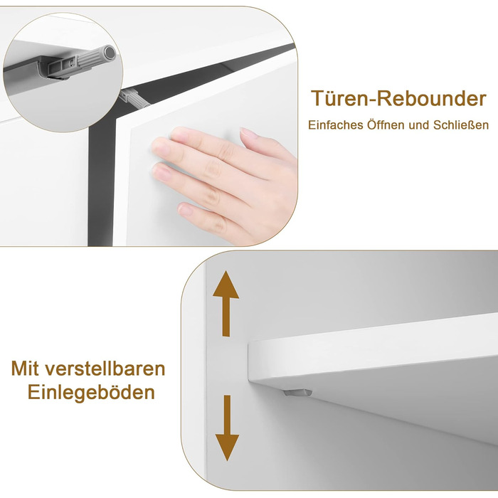 Комод FirFurd, сервант, біла кухонна шафа з 3 дверцятами, дизайн без ручок, регульовані полиці, 107x40x80 см (ШxГxВ)