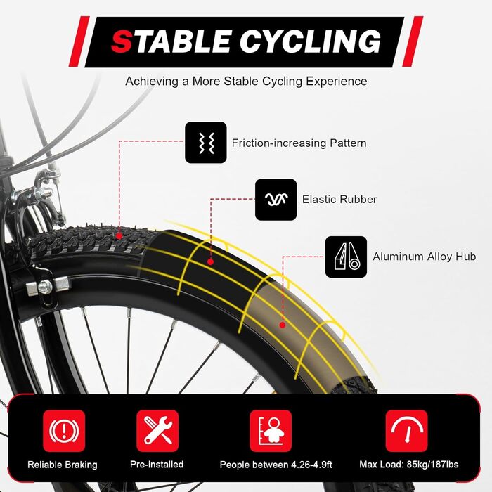 Дюймовий дитячий гірський велосипед, 7-швидкісний дитячий велосипед для хлопчиків та дівчаток з пляшкою для води, сумкою для зберігання, дзвіночком-компасом, велосипед з вуглецевої сталі, вантажопідйомність 85 кг, червоний, 20-