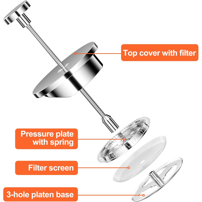 Кавоварка для френч-пресу Uootach 350 мл, високоякісні кавоварки з нержавіючої сталі, кавоварка френч-прес з потрійним фільтром з нержавіючої сталі, для дому, подорожей, кемпінгу (срібло)