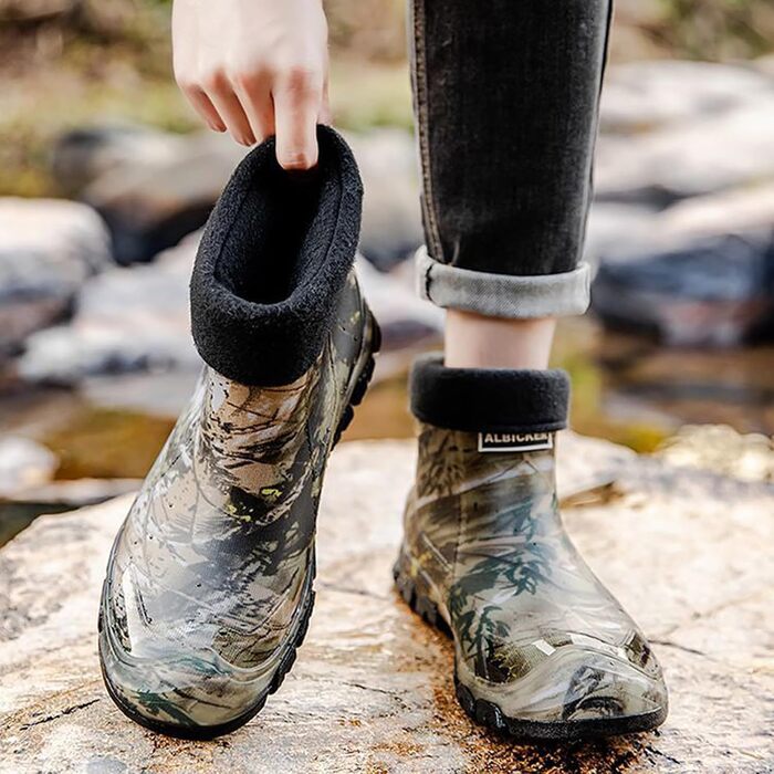 Гумові чоботи до щиколотки з підкладкою Pangolin для чоловіків та жінок, знімна флісова підкладка, камуфляжні ковзаючі гумові чоботи, короткі черевики для риболовлі та кемпінгу, сірі, EU 48