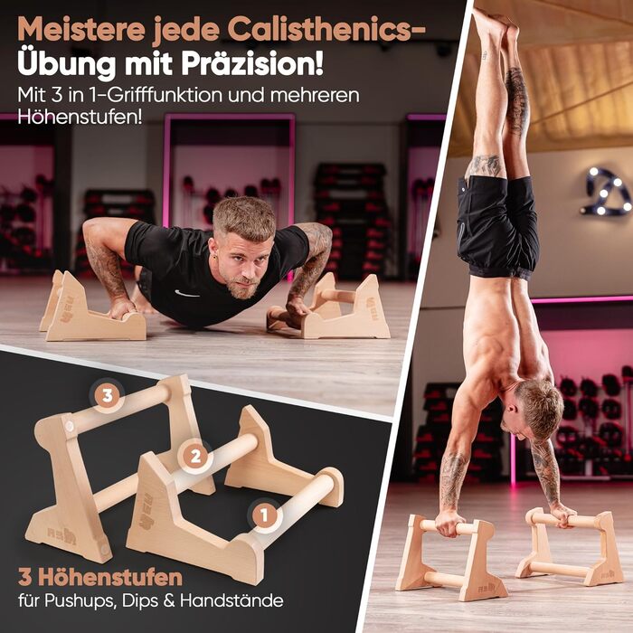 Ручки AS Calisthenics 3-в-1 - Паралети з регулюванням висоти для віджимань, підйомів та стійки на руках Нековзні та ергономічні грифи для віджимань з високоякісної деревини Ідеально підходить для домашнього спортзалу та тренувань на свіжому повітрі