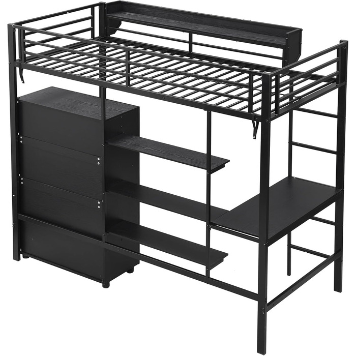 Ліжко-горище Merax 90x200 см з письмовим столом, шафою та полицею для зберігання, міцне металеве двоярусне ліжко з рейковою основою та захисними поручнями, компактне дитяче ліжко-горище, дитяче ліжко-горище, чорне 90 x 200 см, чорне - зі столом та шафою